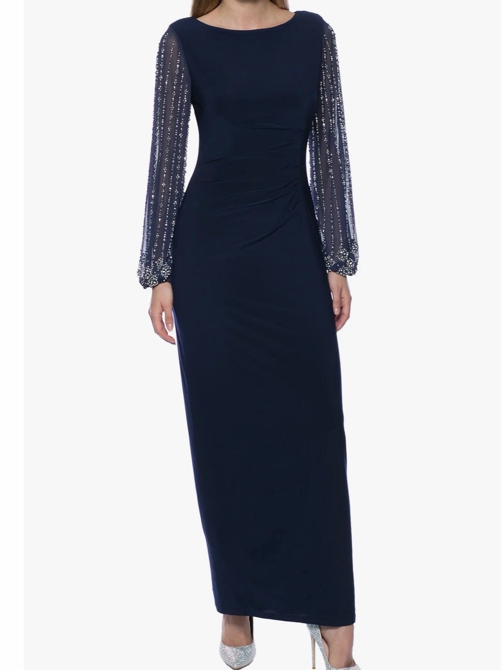 MARINA Navy Beaded Long-Sleeve Maxi Dress